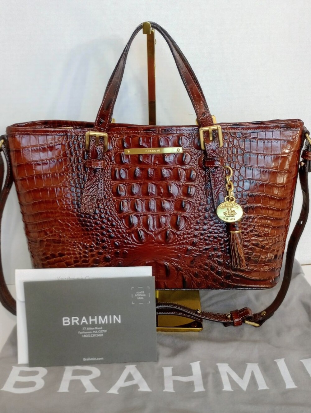 Brahmin Pecan Mini Asher Crocodile Embossed Leather Crossbody Satchel Bag